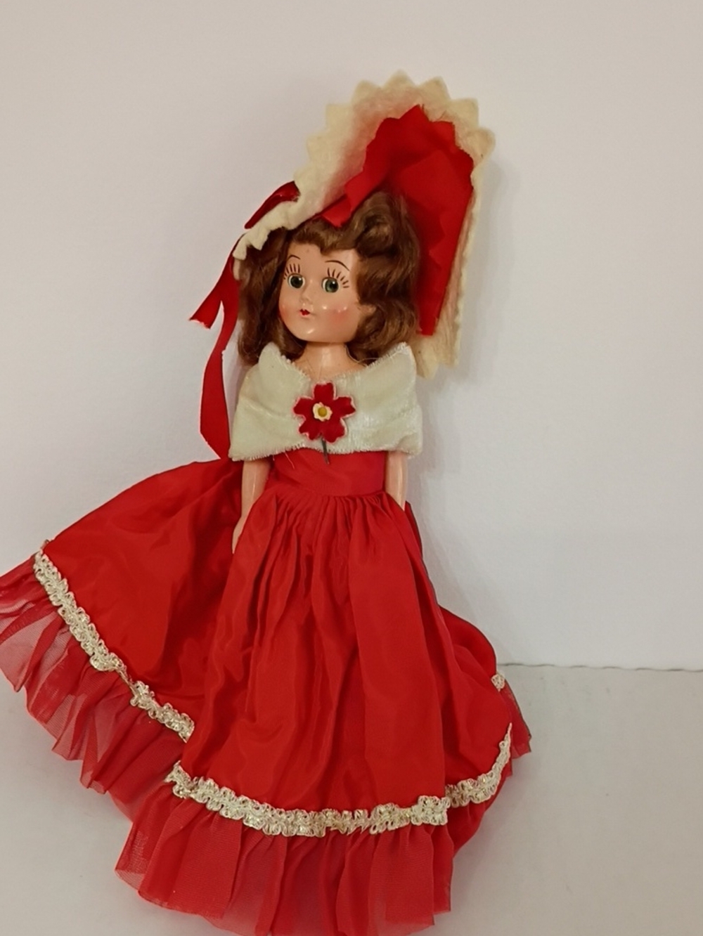 Red Vintage-Style Girls' Doll in Red Dress and Bonnet Eyes Open/Close
